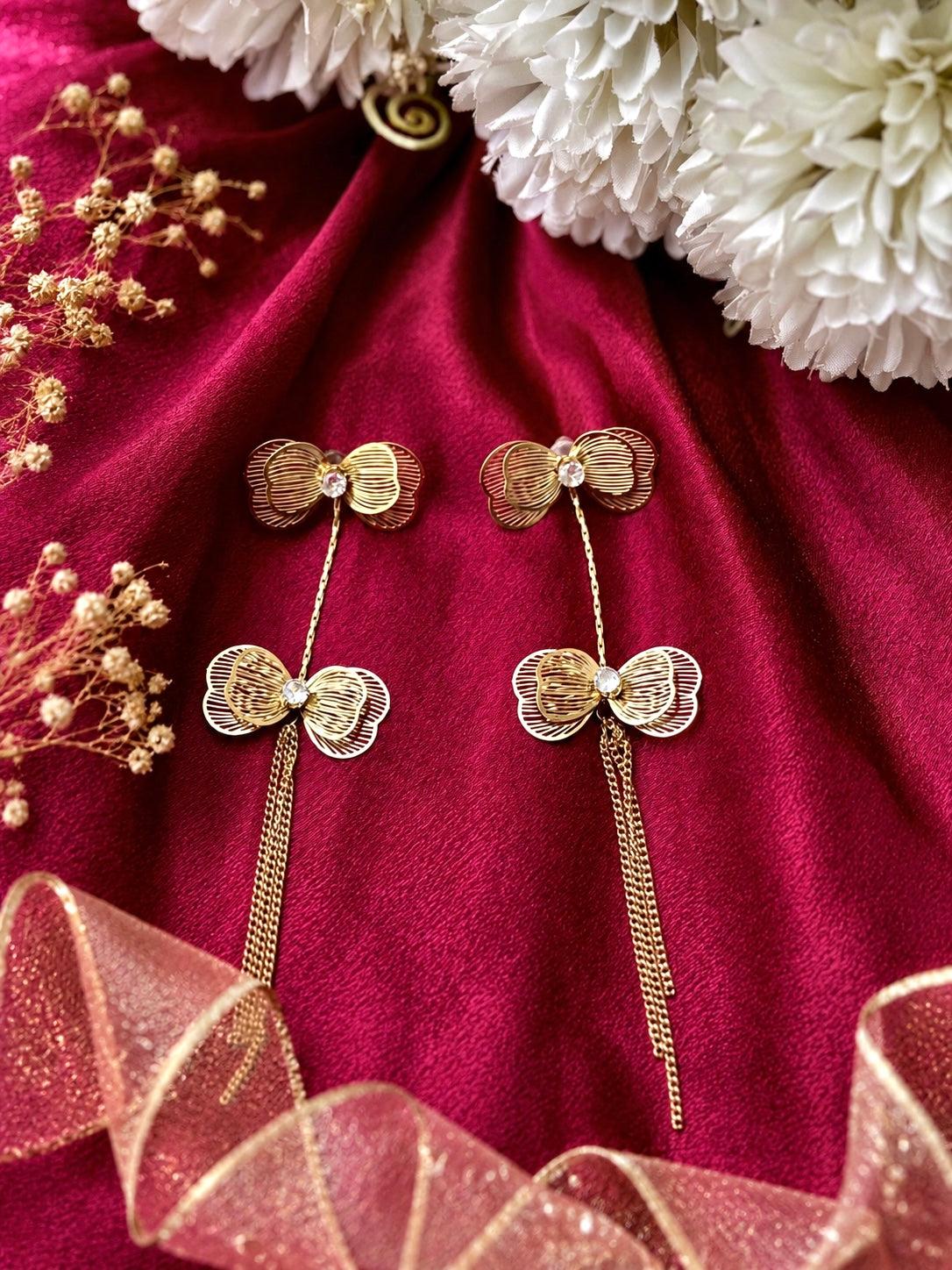 Twin Bow Tassel Earrings